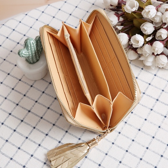 $10 ADD ON ITEM- Gold Chevron Pattern Tassel Wallet Stylish Zippered Clutch - Picture 6 of 10